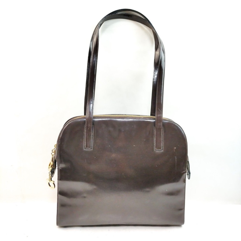 Salvatore Ferragamo Shoulder Bag Brown Enamel leather Authentic Tote Large Stiff